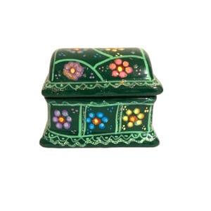 Vintage Mexican Clay Trinket Jewelry Box - Hand Painted Terra-cotta Pottery